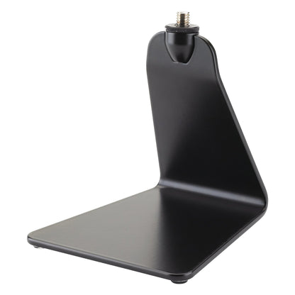 23250 flat base table microphone stand angled front view showing black bent-steel body and threaded mic mount stud, K&M