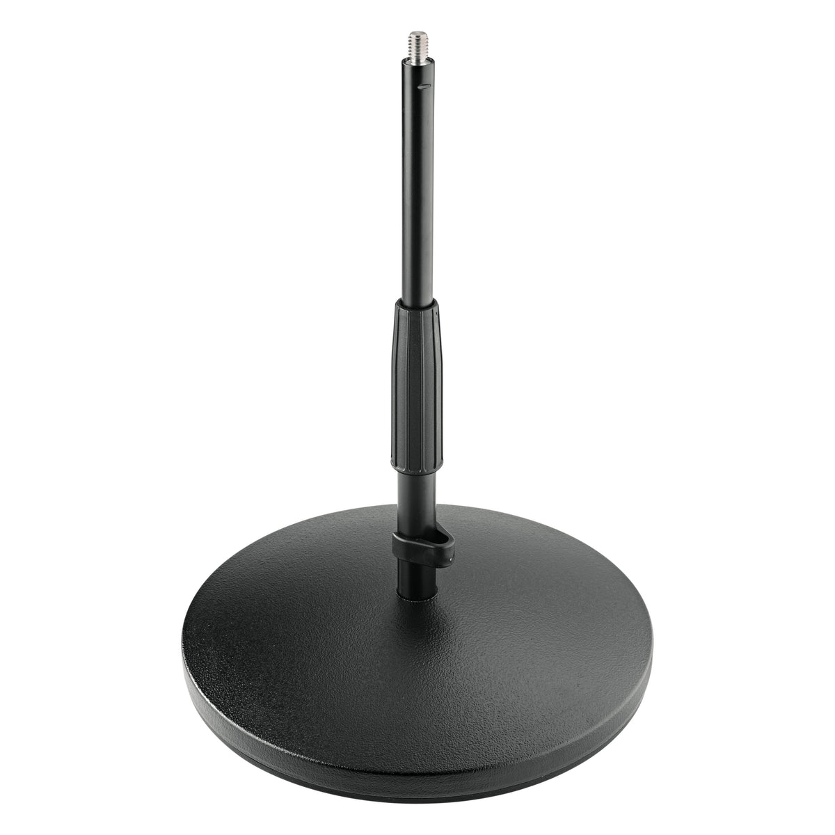 23320 low mic stand front view showing round textured cast iron base, telescoping black tube with ribbed clamp grip and 3/8 inch threaded top, K&M