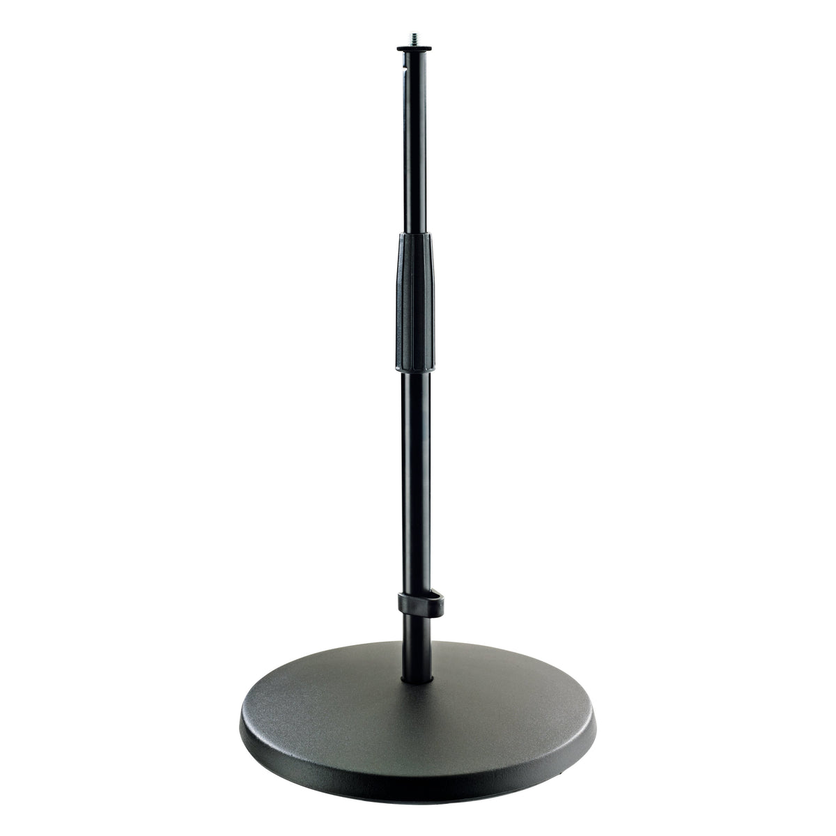 23323 low-profile mic stand front view with round cast iron base, telescoping black shaft, clamp grip and 3/8 inch top thread, K&M