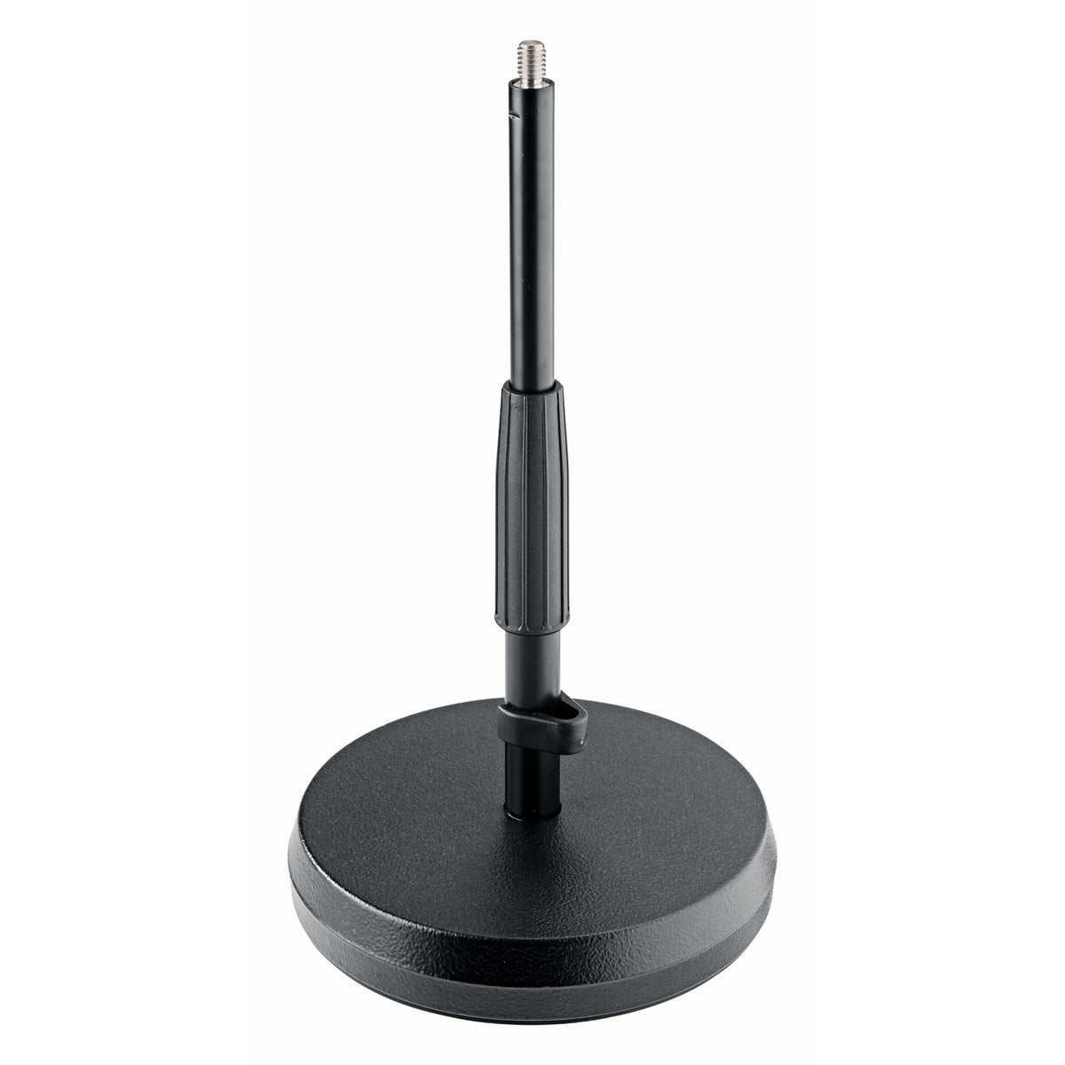 23325 low-profile mic stand front view showing round cast iron base, ribbed height-adjustment grip and exposed 3/8 inch threaded top, K&M