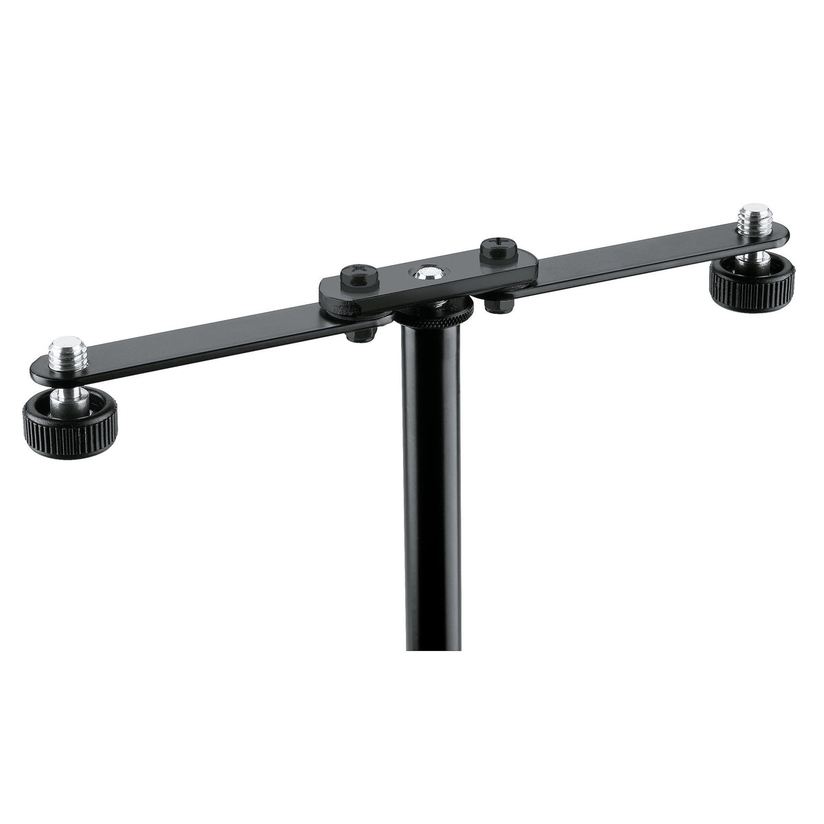 23510 stereo microphone bar mounted on a black stand tube, front angled view showing threaded mic studs with knurled black thumbwheels at each end, K&M