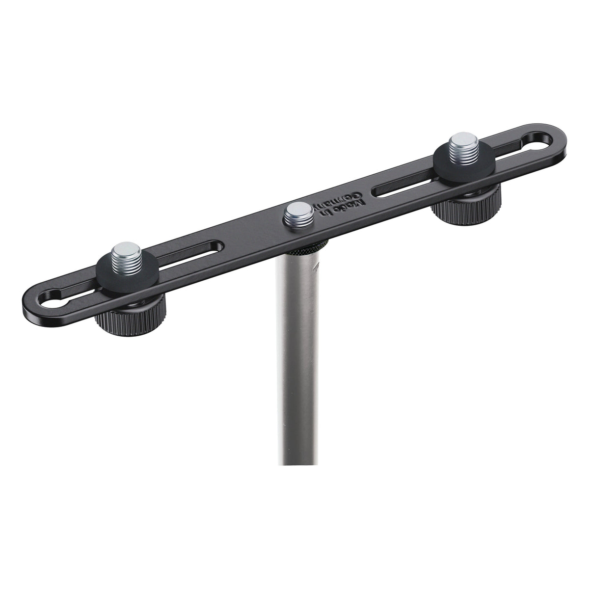 23550 microphone bar angled view with two slotted mic mounts and knurled thumb nuts on a stand tube, K&M
