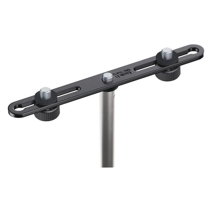 23550 microphone bar angled view with two slotted mic mounts and knurled thumb nuts on a stand tube, K&M