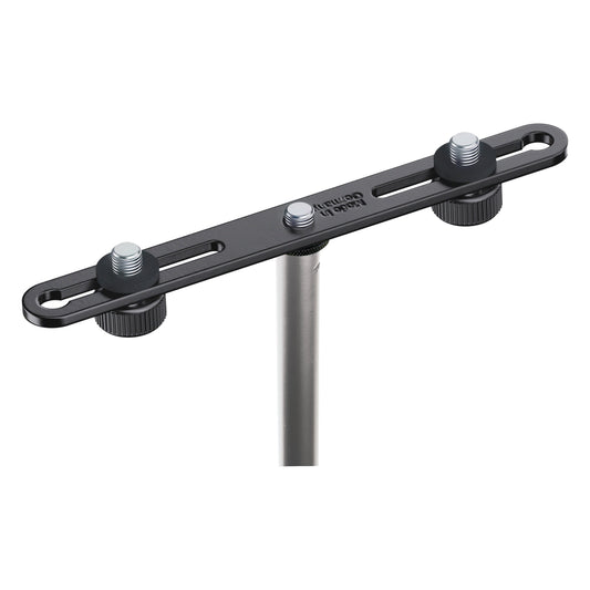 23550 microphone bar angled view with two slotted mic mounts and knurled thumb nuts on a stand tube, K&M
