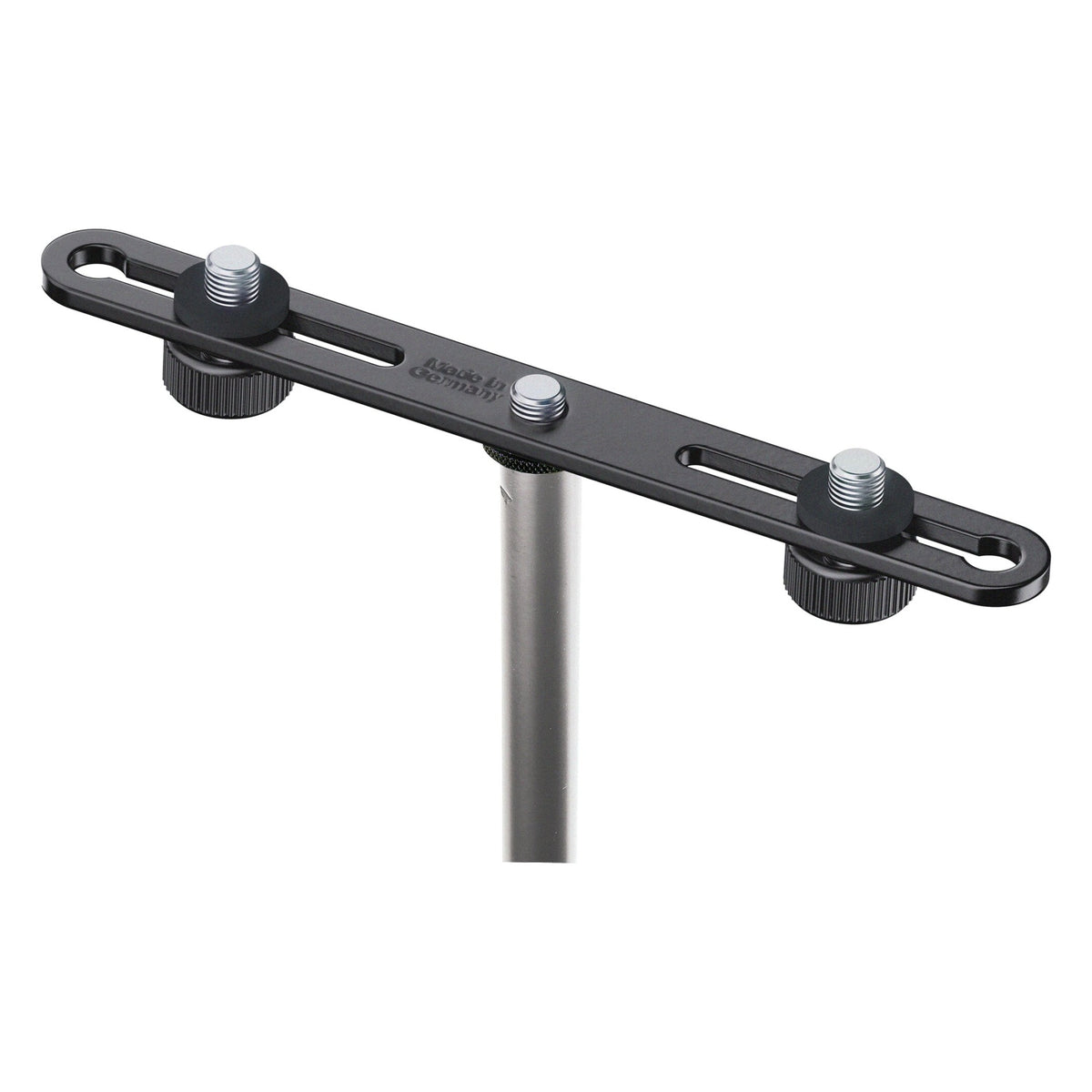 23550 microphone bar opposite angled view showing Made in Germany marking and adjustable threaded studs in slots, K&M