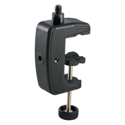 23720 steel table clamp front view with 3/8" threaded connector on top and knurled tightening screw below, K&M