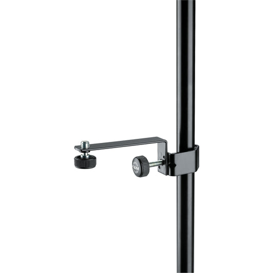 23800 steel microphone holder clamped to a vertical speaker stand pole, showing the black L-shaped arm, threaded mic mount stud with knurled nut and K&M-branded clamp screw knob, K&M