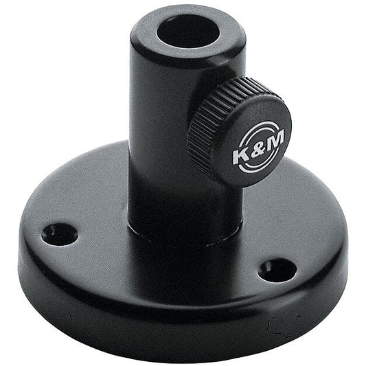 23855 steel table flange for mic arms, angled front view showing round black base with two screw holes, vertical socket and knurled K&M clamping knob, K&M