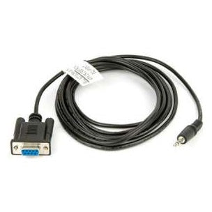 21529-1 RS232 serial cable full view with coiled black cord, DB-9 female connector and 3.5mm stereo plug, white label on cable, Lectrosonics