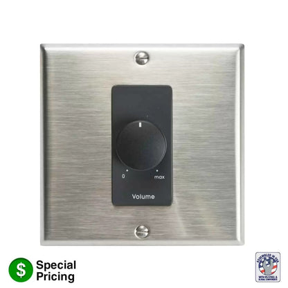Lowell 150W Stereo Volume Control With Decorator Wall Plate | Stainless Steel & Black