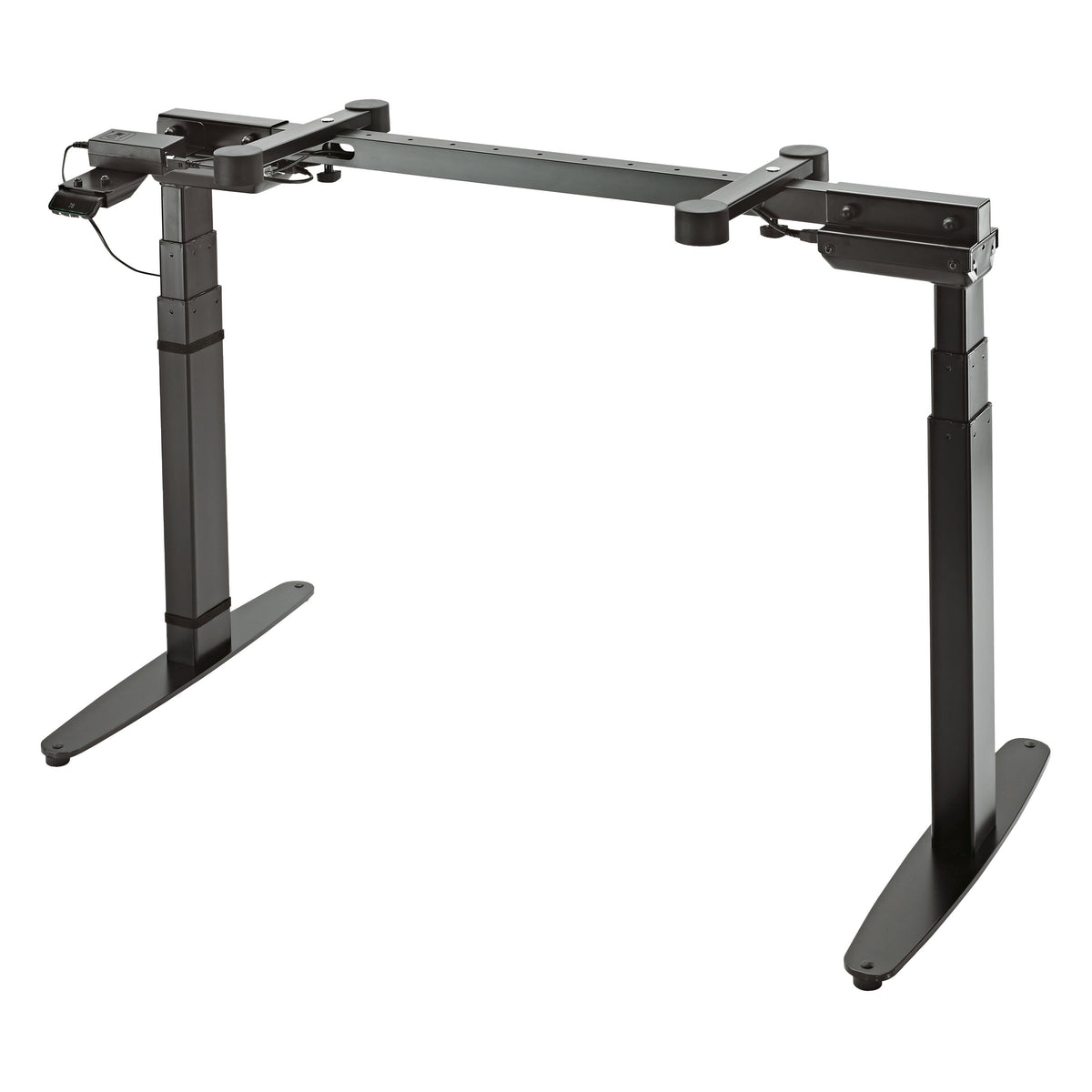 18800 Omega-E electric keyboard stand front three-quarter view with black frame, telescoping legs and curved foot plates, K&M