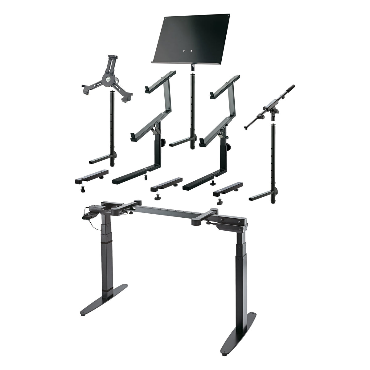 18800 Omega-E base frame shown with compatible add-ons including tablet holder, music desk, keyboard tier arms and microphone boom stand, K&M