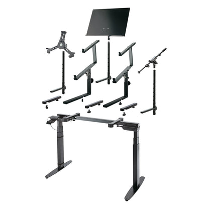 18800 Omega-E base frame shown with compatible add-ons including tablet holder, music desk, keyboard tier arms and microphone boom stand, K&M