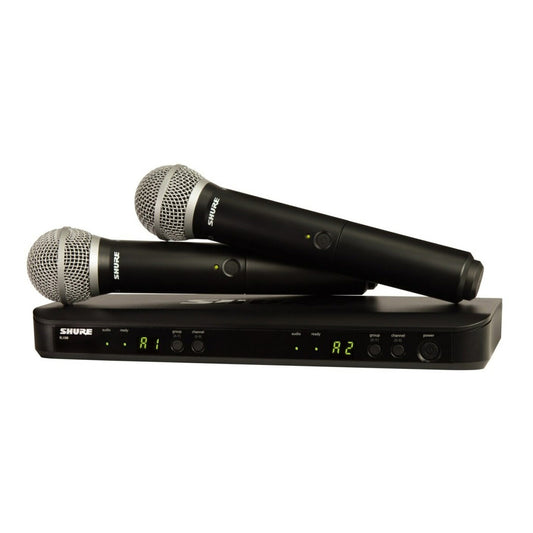 Shure BLX288/PG58 Dual Vocal Wireless System Front with Dual Wireless Mics