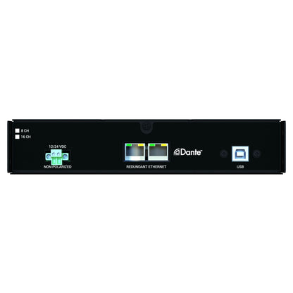 IPUSBD-8 front panel with 12/24 VDC Phoenix connector, redundant Dante Ethernet ports and USB Type-B jack, AtlasIED