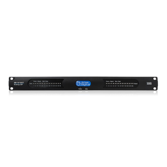 AtlasIED BB-1616DT BlueBridge DSP front panel with input and output LED meters and rack ears