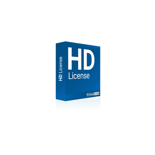 AtlasIED HDEPL HD License software box in blue with AtlasIED logo, angled front view