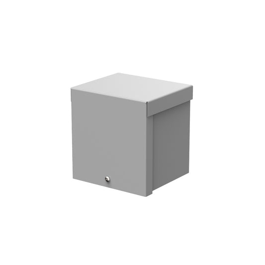 AtlasIED HT-ENC weather resistant enclosure front angle showing gray steel cover with single latch screw