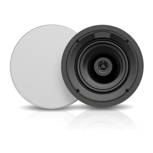 AtlasIED ICM612 in-ceiling speaker with white perforated grille removed beside black 6.5" driver assembly
