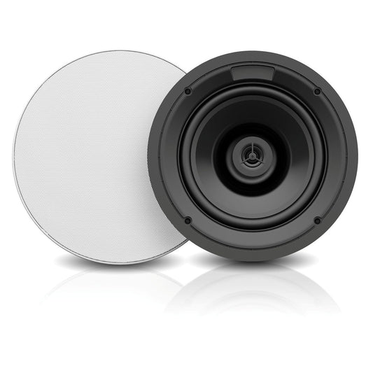 AtlasIED ICM812 in-ceiling speaker pair with white round grille beside 8" black woofer baffle