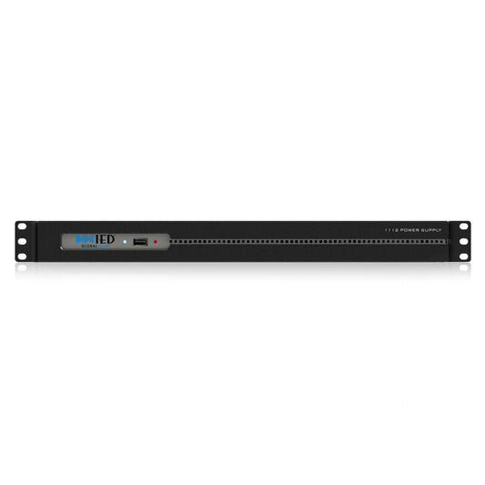 AtlasIED IED1112PS 1U rack mount power supply front panel with USB port, status LEDs, and vent slots