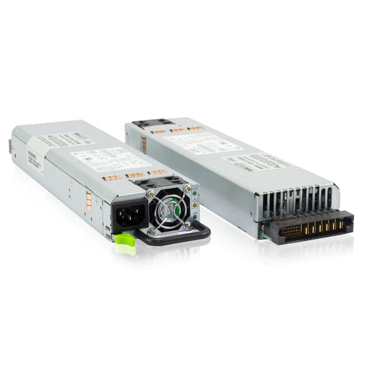 AtlasIED IED1112PSM plug-in power supply module pair showing IEC inlet, fan, handle and rear edge connector
