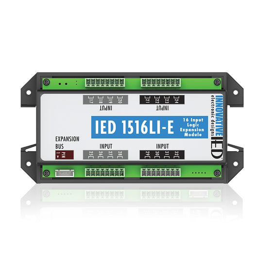 AtlasIED IED1516LI-E 16-input logic expansion module top view with labeled input terminal blocks and expansion bus
