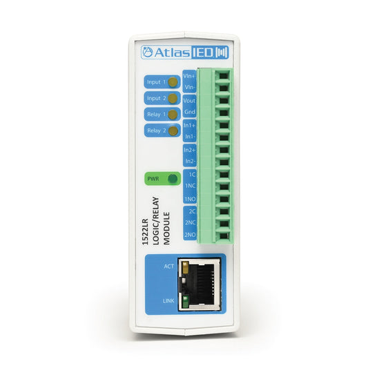 AtlasIED IED1522LR logic relay IO module front face with labeled status LEDs, green terminal block, and RJ45 port