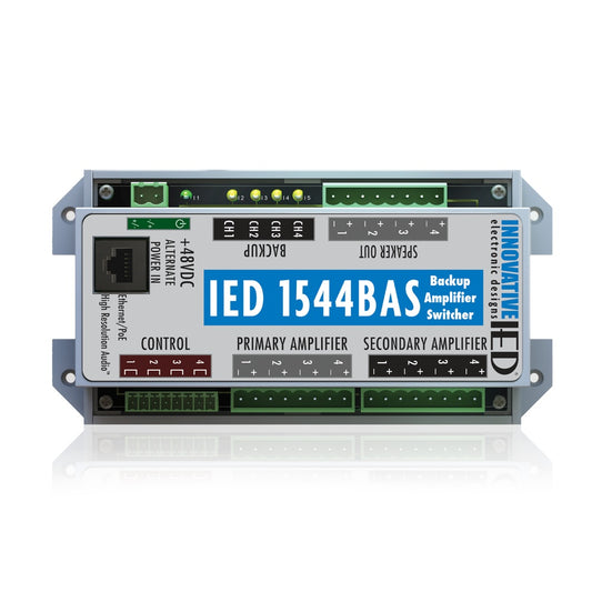 AtlasIED IED1544BAS backup amplifier switch top view with labeled terminal blocks, LEDs, and Ethernet port