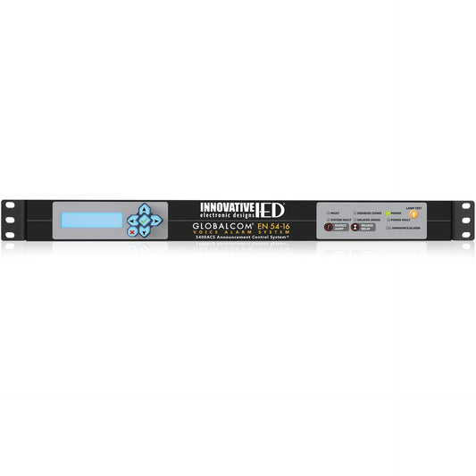 AtlasIED IED5400ACS EN54-16 emergency announcement controller front panel with LCD, navigation keypad and status LEDs