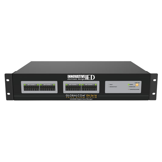 AtlasIED IED5432DZM GLOBALCOM EN 54-16 digital zone manager, elevated front view with rack ears and status LEDs