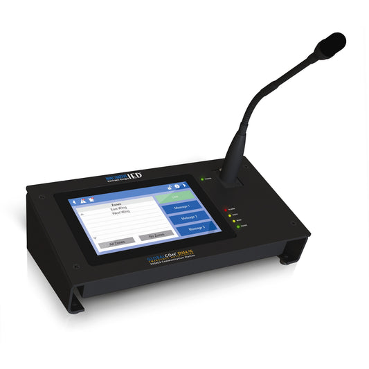 AtlasIED IED5450CS-G touch screen paging station at an angle with gooseneck mic and zone display