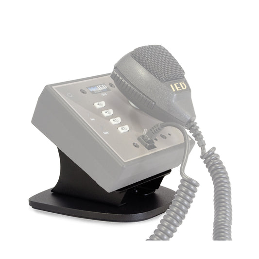 AtlasIED IEDA520DTB weighted desktop base in black shown with a ghosted intercom station and coiled mic cable