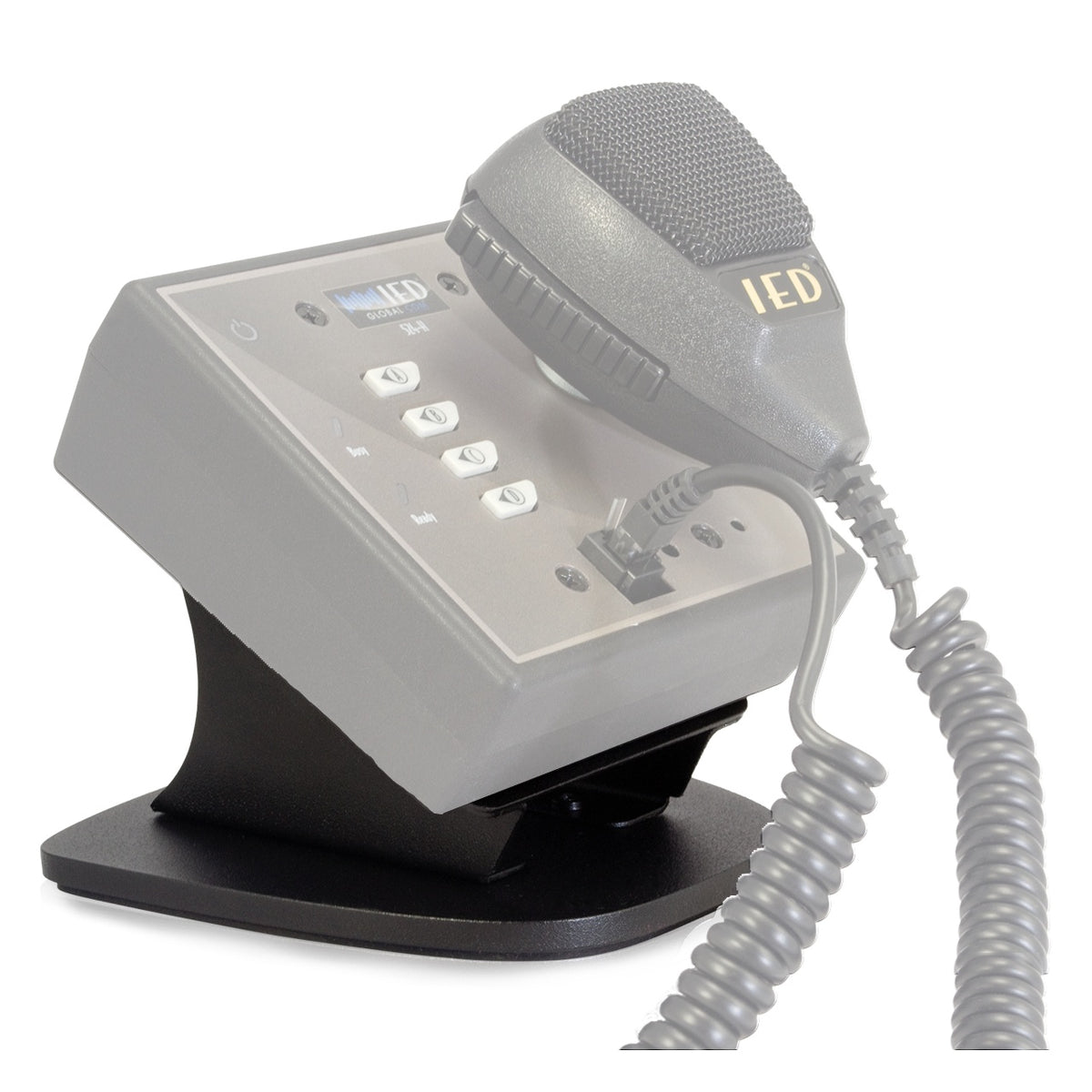 IEDA520DTB weighted desktop base angled view with intercom station mounted, OLED display, four call buttons and coiled push-to-talk microphone, AtlasIED