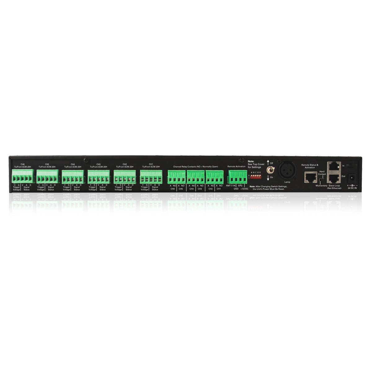 ECS-6RM AC sequence controller rear panel with six green Euroblock ECM-20H trigger connectors, channel relay contacts, XLR lamp port and RJ45 slave loop jacks, AtlasIED
