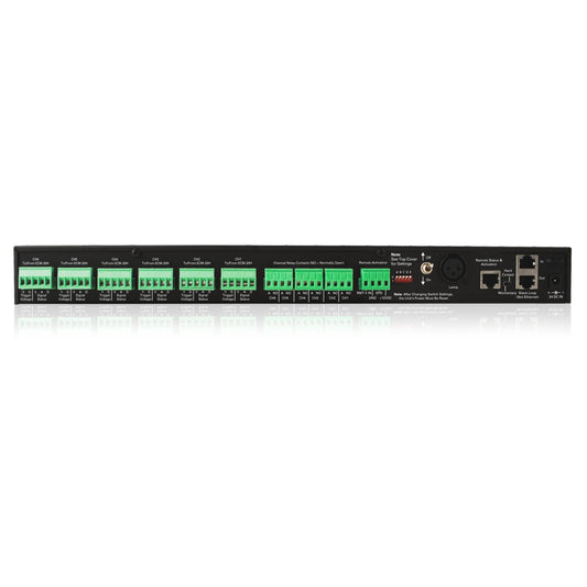 ECS-6RM AC sequence controller rear panel with six green Euroblock ECM-20H trigger connectors, channel relay contacts, XLR lamp port and RJ45 slave loop jacks, AtlasIED