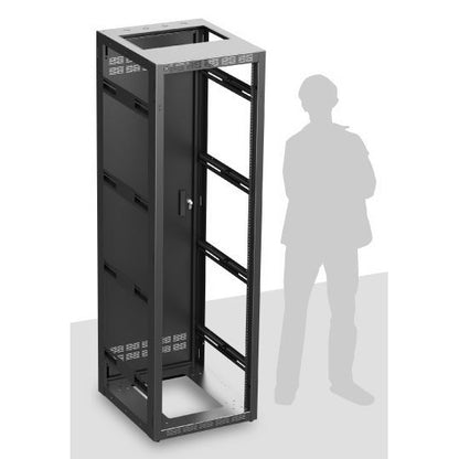 540-25 40RU gangable steel rack cabinet angled front view with locking front door and human silhouette for scale, AtlasIED