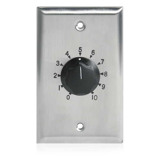 AtlasIED AT100-PA priority attenuator front view with black knob and 0-10 scale on stainless steel plate