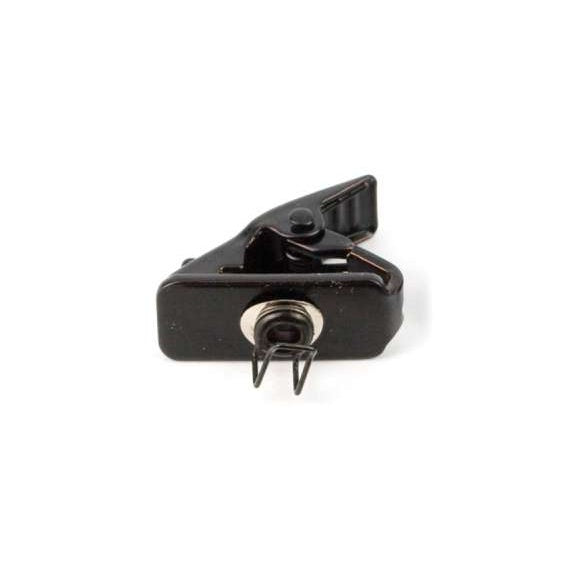 C150 mic clip angled view showing black plastic body, ridged thumb lever and metal grommet with wire spring holder for lavaliere mic, Lectrosonics