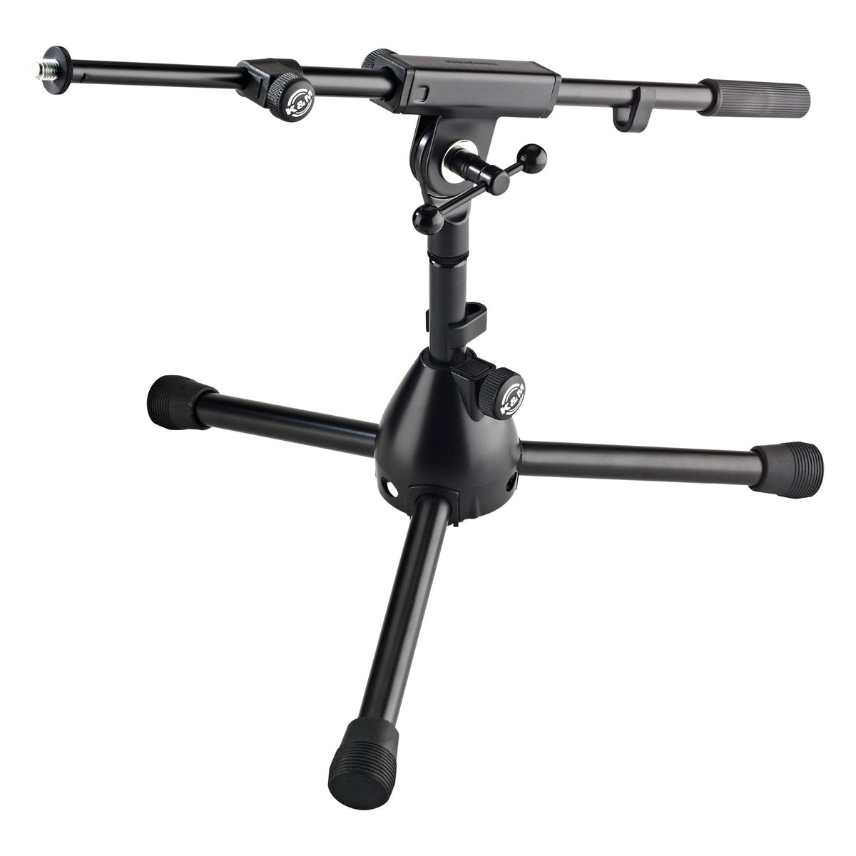 25950 extra low tripod mic stand front three-quarter view with telescoping boom arm, counterweight grip and rubber-capped tripod legs, K&M