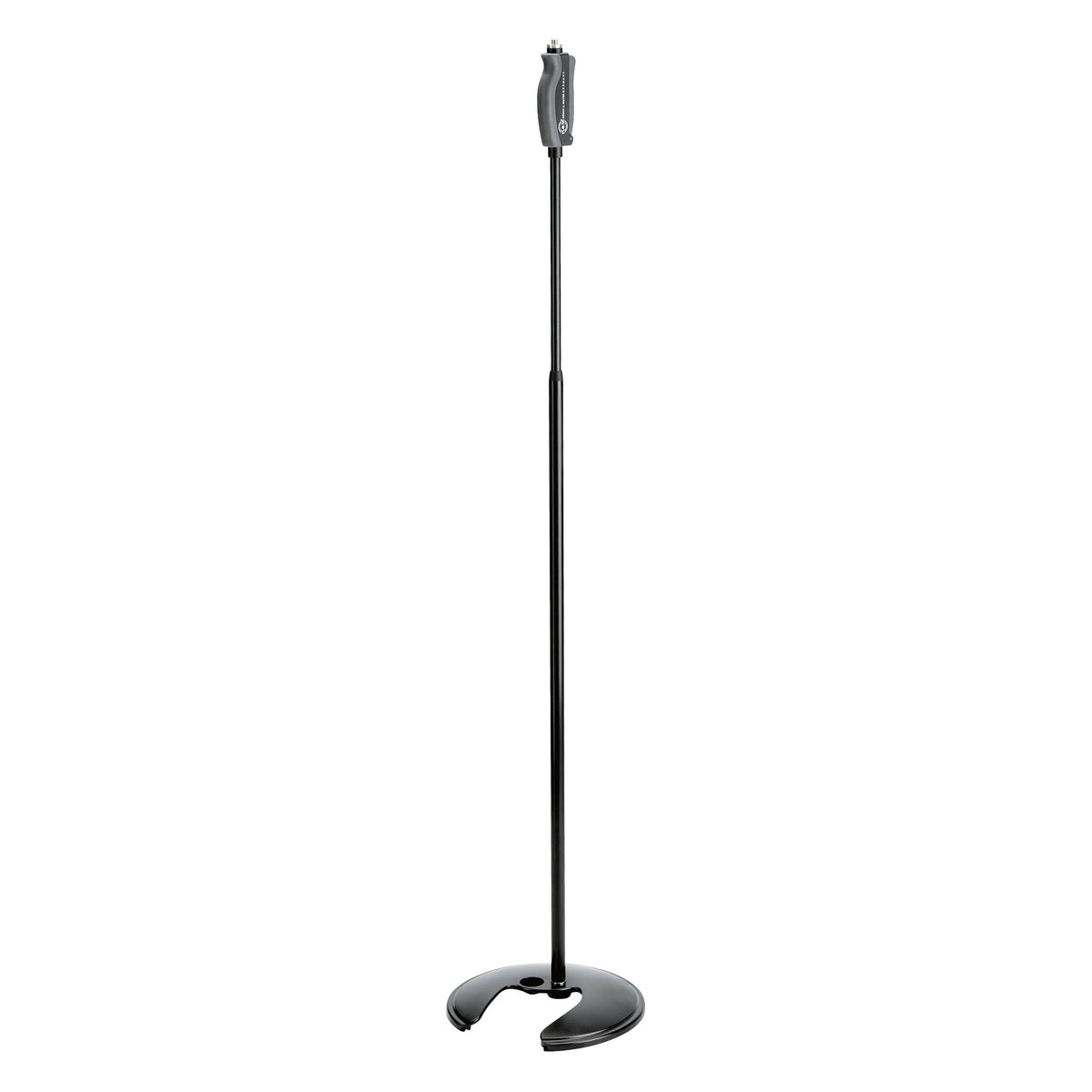 26075 one-hand mic stand full front view with grey ergonomic grip handle and open-cut black round base, K&M