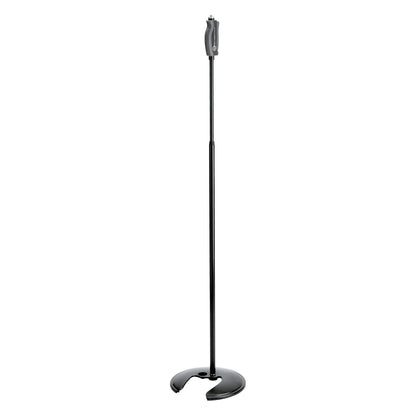 26075 one-hand mic stand full front view with grey ergonomic grip handle and open-cut black round base, K&M