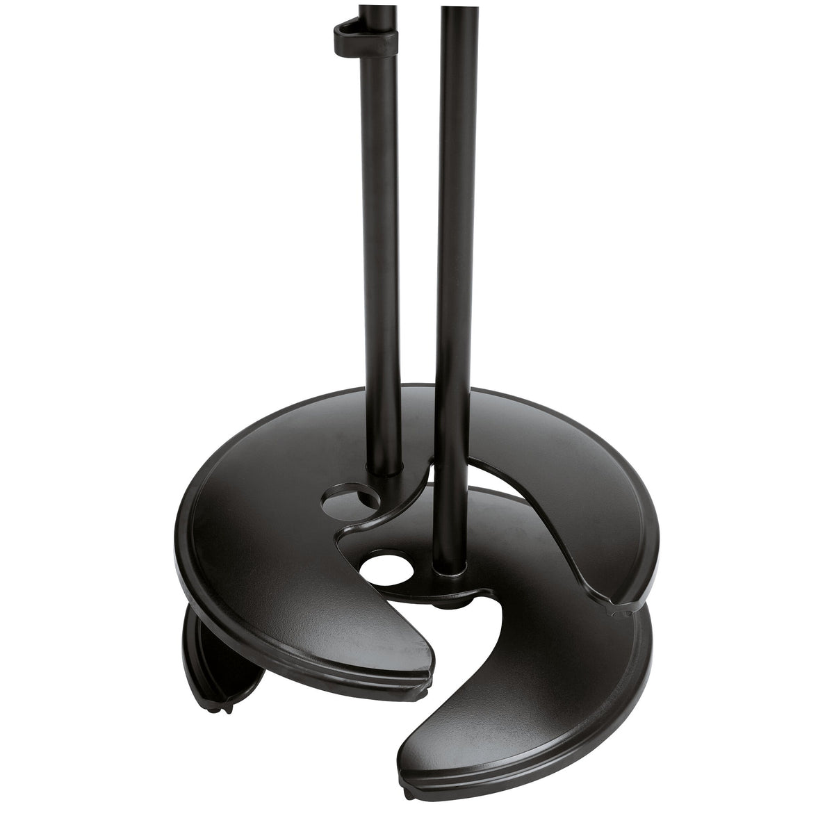 26075 stackable base close-up showing two stands nesting with interlocking cutouts and tube clamp ring, K&M