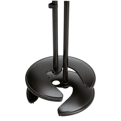 26075 stackable base close-up showing two stands nesting with interlocking cutouts and tube clamp ring, K&M