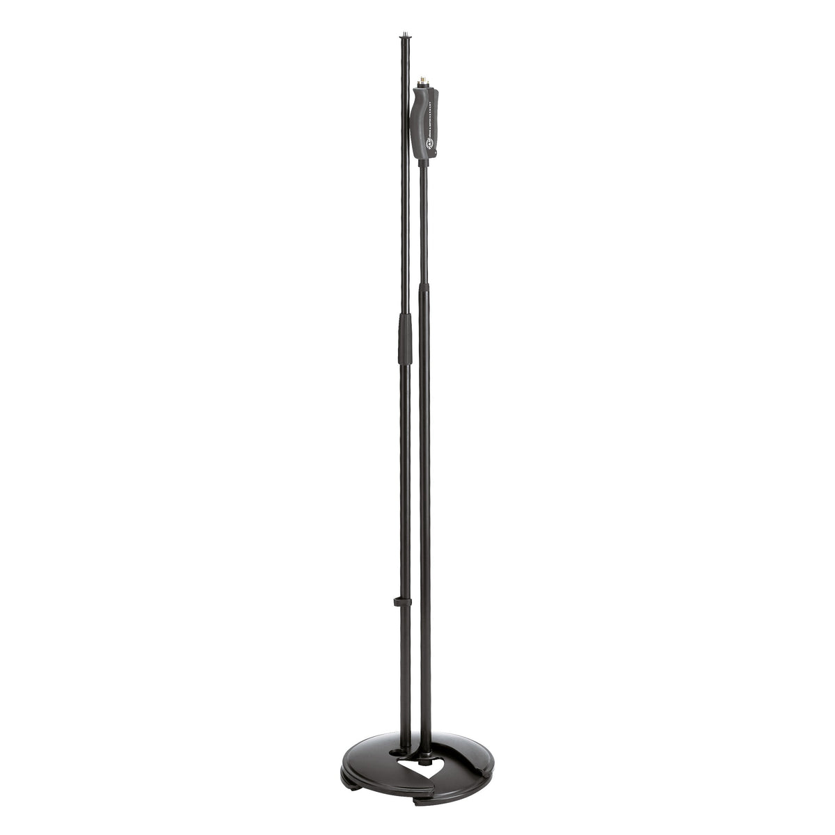 26075 two stands side by side, one with grip handle and one with clutch collar, on stackable round bases, K&M