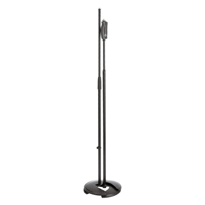 26075 two stands side by side, one with grip handle and one with clutch collar, on stackable round bases, K&M