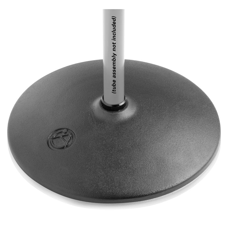 MS-20/MS-20E round cast-iron mic stand base in ebony, angled view showing embossed logo and threaded tube collar (tube not included), AtlasIED