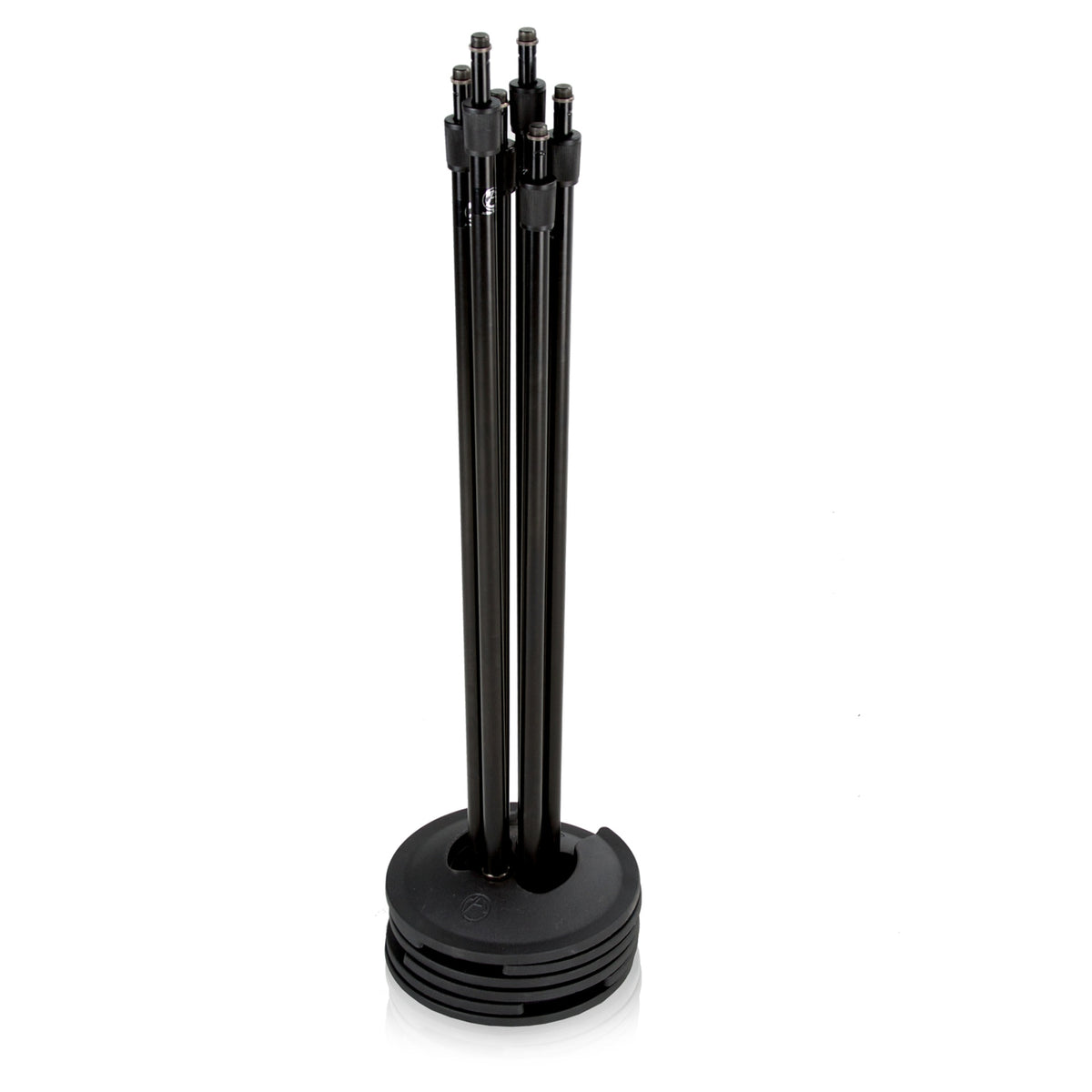 SMS5B mic stands shown stacked together, black straight shafts with twist clutches nested in 10-inch round bases, AtlasIED