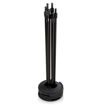 SMS5B mic stands shown stacked together, black straight shafts with twist clutches nested in 10-inch round bases, AtlasIED