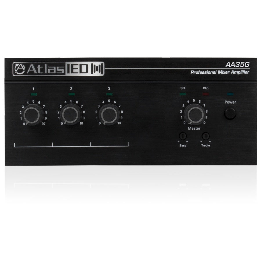 AA35G 3-input mixer amplifier front panel with three input level knobs, master volume, bass and treble trims, SPI and Clip LEDs, AtlasIED